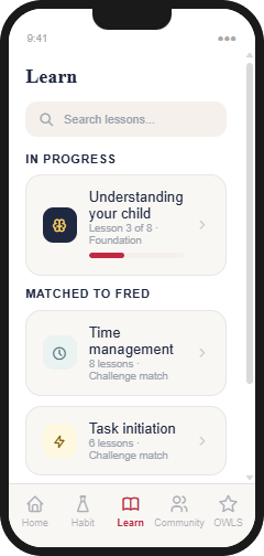 Learn screen with matched lessons