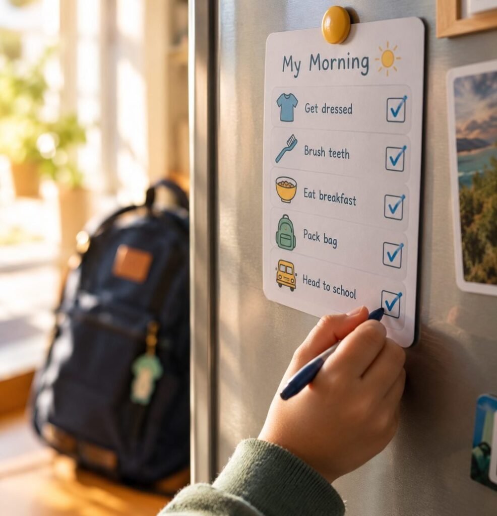 A child’s hand ticking the last box on a checklist on the fridge