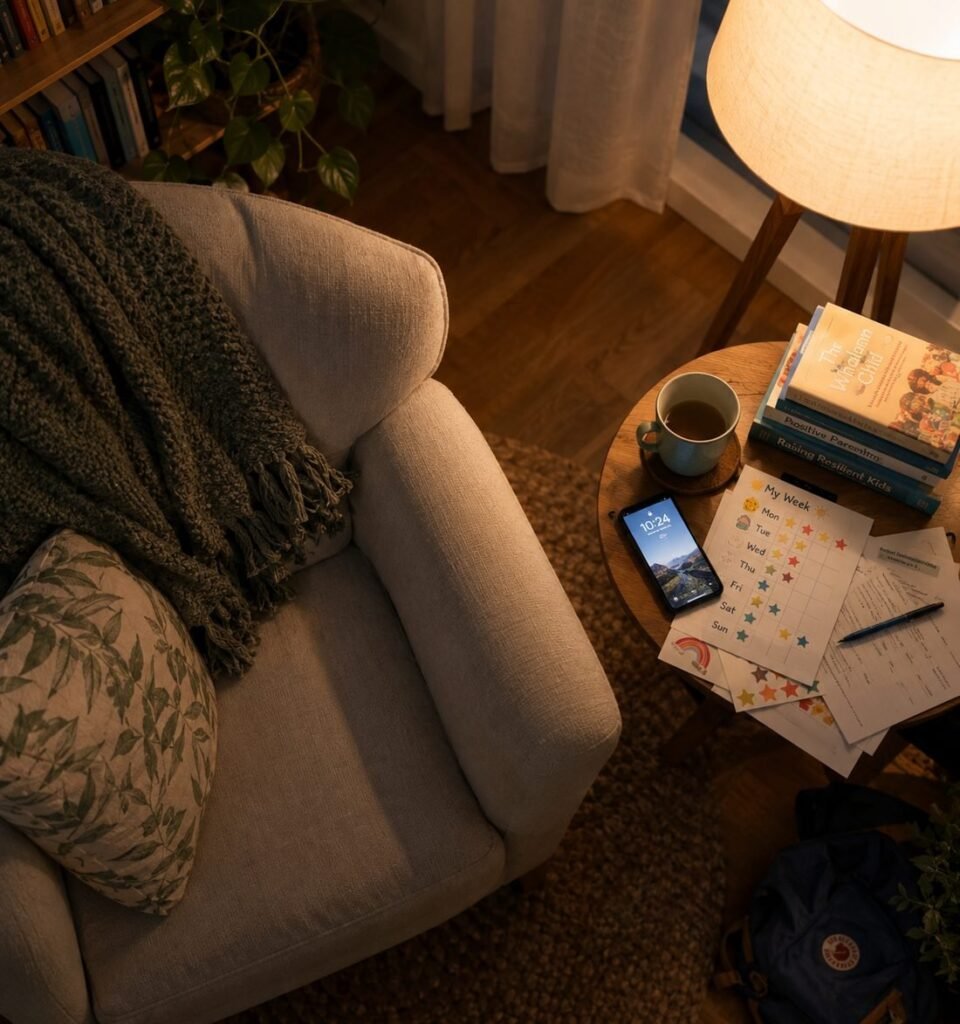 A kitchen table late at night: parenting books, a sticker chart and school forms
